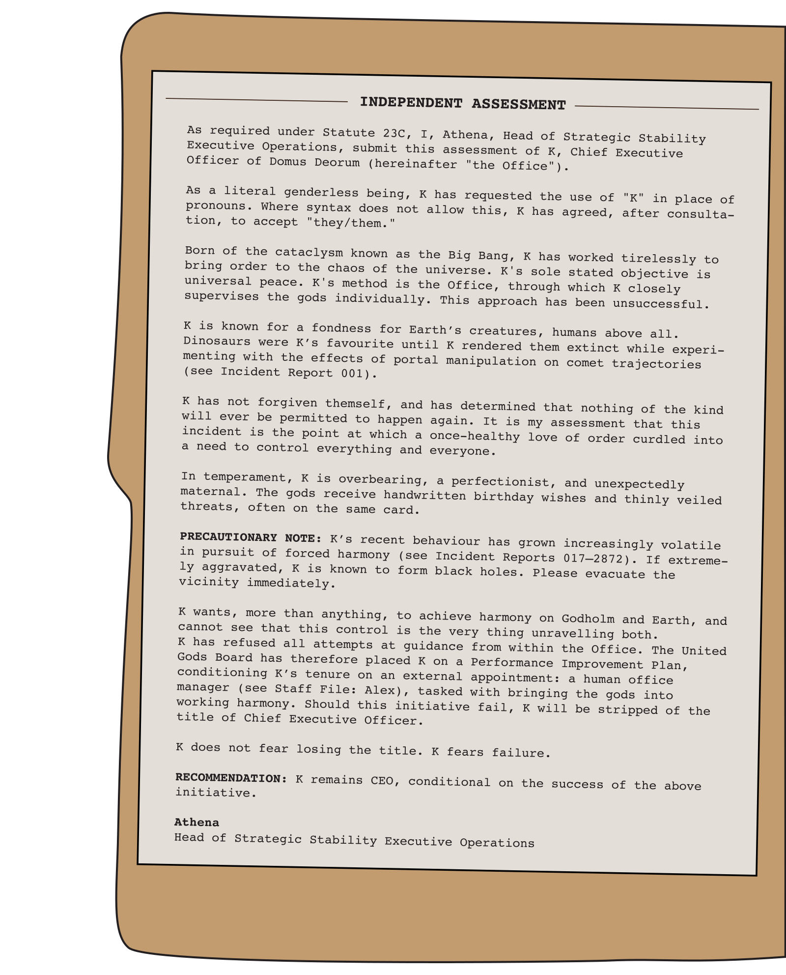 Inside front cover of K's personnel file