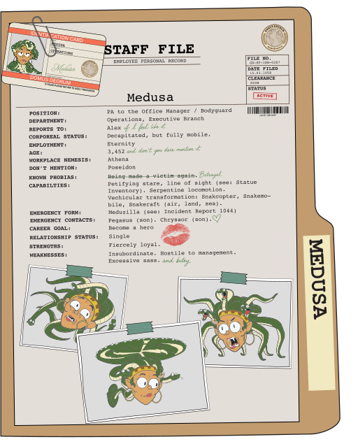 Inside back cover of Medusa's personnel file