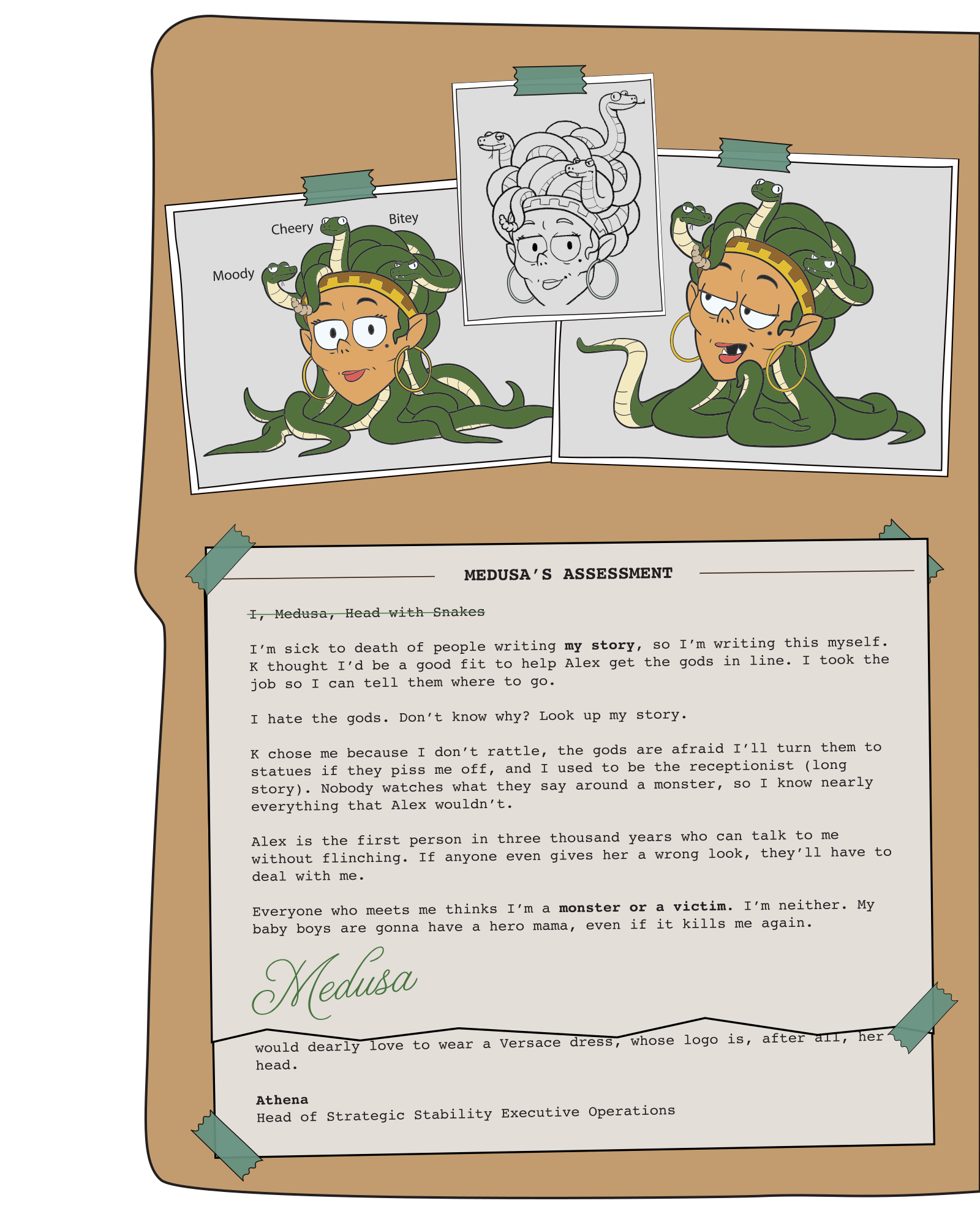 Inside front cover of Medusa's personnel file